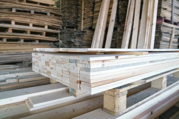 倉庫や倉庫内の松の木の山 木材加工 家具用木材 — ストック写真