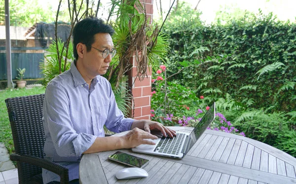 Work from home concept. Asian Chinese businessman working on the computer, garden background.