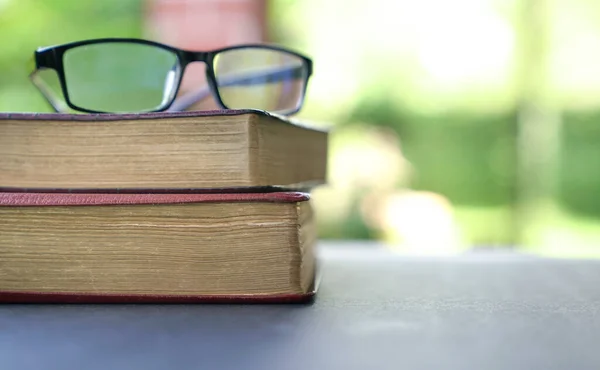 Stapel Boeken Met Groene Natuur Achtergrond Thuisschool Studie Concept Kopieerruimte — Stockfoto