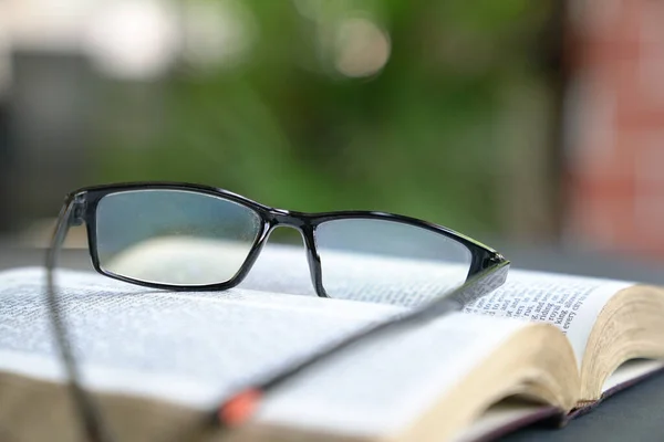 Bril Lezen Een Open Boek Tuin Groene Natuur Achtergrond — Stockfoto