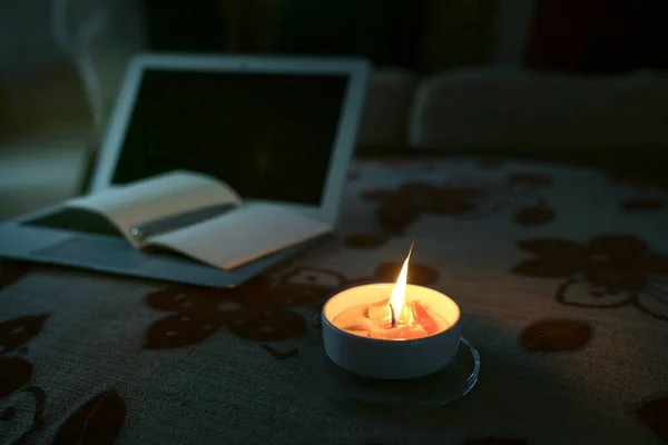 Candle Burning Work Study Home Background Low Lighting Copy Space — Stock Photo, Image