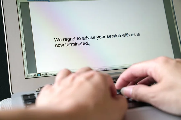 Woman Hands Typing Letter Termination Service Words Appear Computer Screen — Stock Photo, Image