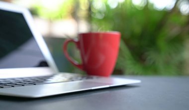 Kırmızı bardakta yeşil arka planı olan bir bilgisayar bilgisayarı. Uzaktan ya da evden çalış. Seçili odak. Boşluğu kopyala.