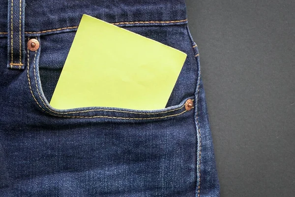 Blank Yellow Paper Stuck Out Pocket Denim Jeans Space Text — Stock Photo, Image