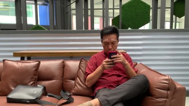 アジアの中国のビジネスマンはソファに座って携帯電話をサーフィン — ストック動画