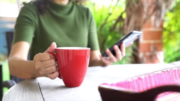 Mulher Bebendo Seu Café Copo Vermelho Enquanto Navega Seu Celular — Vídeo de Stock