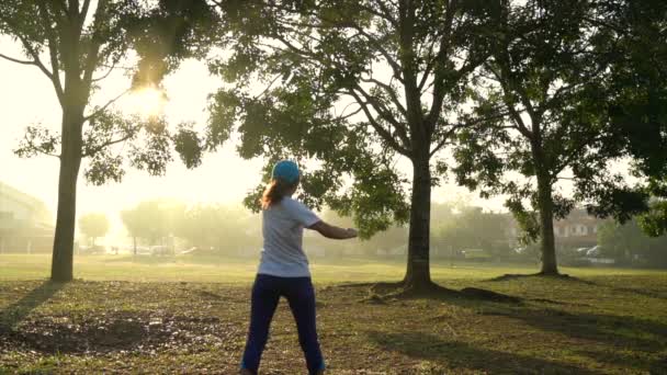 Mujer Atleta Entrenamiento Entrenamiento Parque Con Hermosa Luz Del Sol — Vídeo de stock