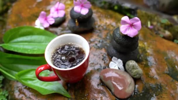 Zwarte Koffie Een Rode Beker Omringd Door Stenen Bloemen Een — Stockvideo