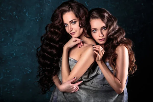 Beautiful twins young women with natural make-up and hair style posing naked covered with grey cloth, closeup portrait — Stock Photo, Image