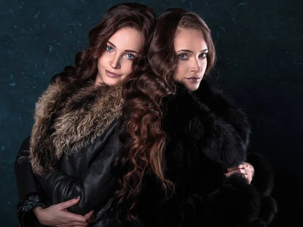 Jovens gêmeas morenas mulheres com maquiagem natural perfeita e estilo de cabelo vestindo peles. retrato de beleza de moda — Fotografia de Stock