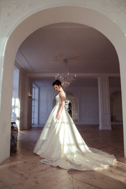 zarif saç ve makyaj uzun lüks gelinlik giyen güzel esmer gelin portresi