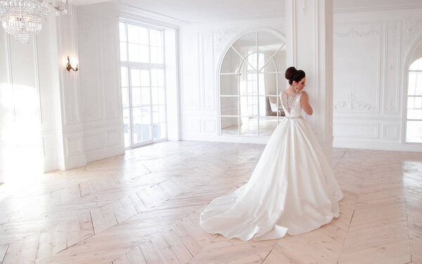 портрет красивой брюнетки невесты с элегантной прической и макияжем носить длинное роскошное свадебное платье
