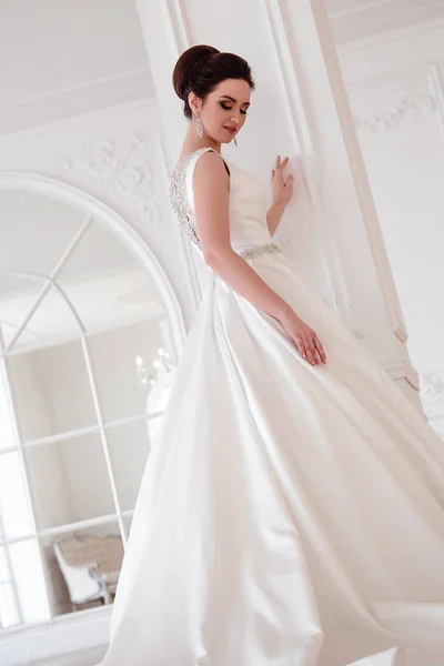 Ritratto di bella sposa bruna con acconciatura elegante e trucco indossando lungo abito da sposa di lusso — Foto Stock