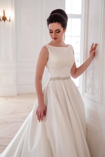 Ritratto di bella sposa bruna con acconciatura elegante e trucco indossando lungo abito da sposa di lusso — Foto Stock