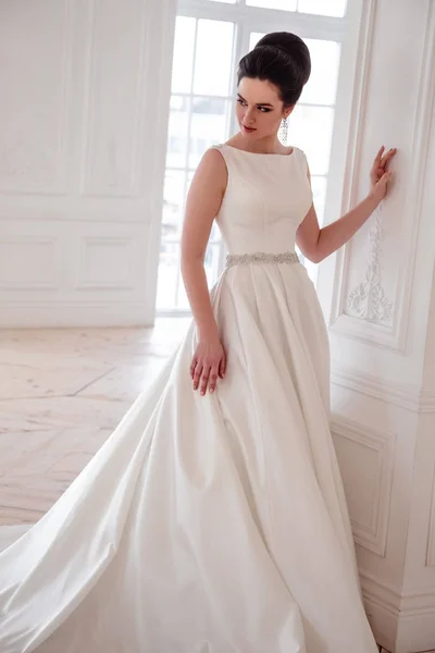 Ritratto di bella sposa bruna con acconciatura elegante e trucco indossando lungo abito da sposa di lusso — Foto Stock