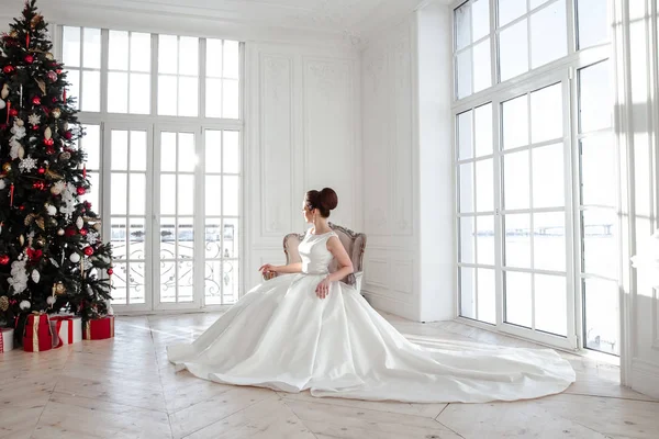 Ritratto di bella sposa bruna con acconciatura elegante e trucco indossando lungo abito da sposa di lusso — Foto Stock