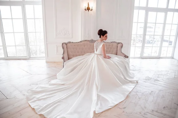 Retrato de bela noiva morena com penteado elegante e maquiagem vestindo vestido de noiva de luxo longo — Fotografia de Stock