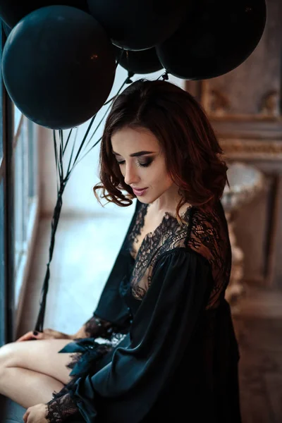 Sensual Young Woman Black Boudoir Dress Classic Interior — Stock Photo, Image