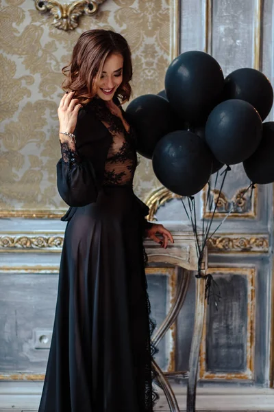 Sensual Young Woman Black Boudoir Dress Classic Interior — Stock Photo, Image