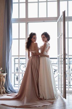 Güzel gelin ve nedimeleri lüks elbiseler. Düğün photosession ikiz genç kadınlarda