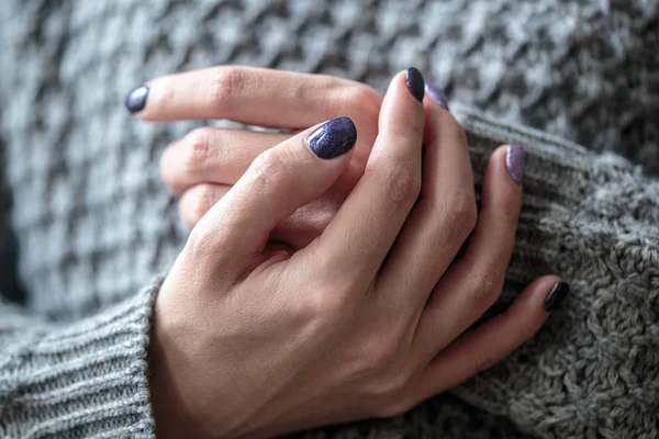 Gorgeous Manicure Purple Silver Nail Polish Closeup Photo Female Hands — Stock Photo, Image