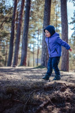Küçük çocuk bahar ormanında yalnız.