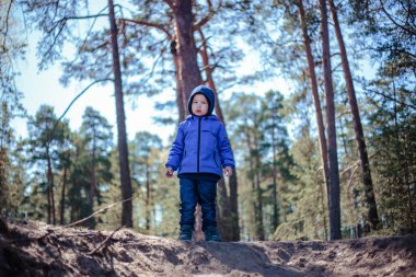 Küçük çocuk bahar ormanında yalnız.