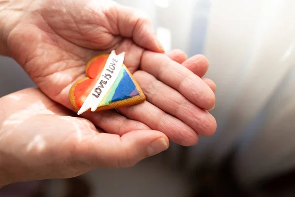 Les mains tiennent l'amour est l'amour LGTB cookie coeur. Biscuit coeur arc-en-ciel. Coeur lgbt + signe bande de couleur arc-en-ciel. Concept symbolique d'amour libre . — Photo