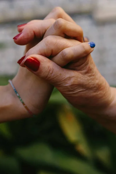 Unrecognizable Grandmother Her Granddaughter Holding Hand Love Grandparents Protection Concept — Stock Photo, Image