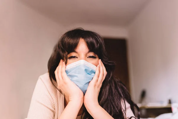 Woman Home Breathing Medical Respiratory Mask Her Face Smiling Hopefully Royalty Free Stock Images