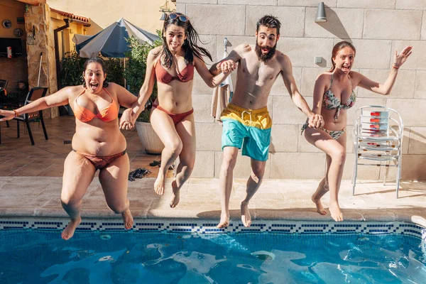 Group Happy Friends Holding Hands Jumping Pool Young Diverse Culture Stock Photo