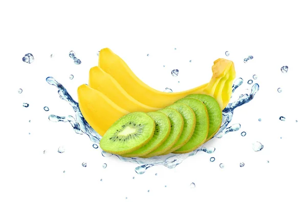 Banane und Kiwi spritzen Wasser — Stockfoto