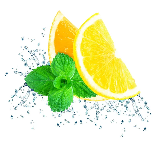 Salpicadura Agua Limón Naranja Aislada Blanco —  Fotos de Stock