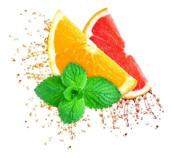 Sinaasappel Grapefruitsap Splash Sap Mint Geïsoleerd Wit — Stockfoto