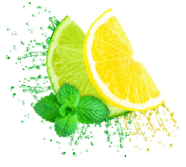 Citrom Lime Splash Elszigetelt Fehér Menta — Stock Fotó