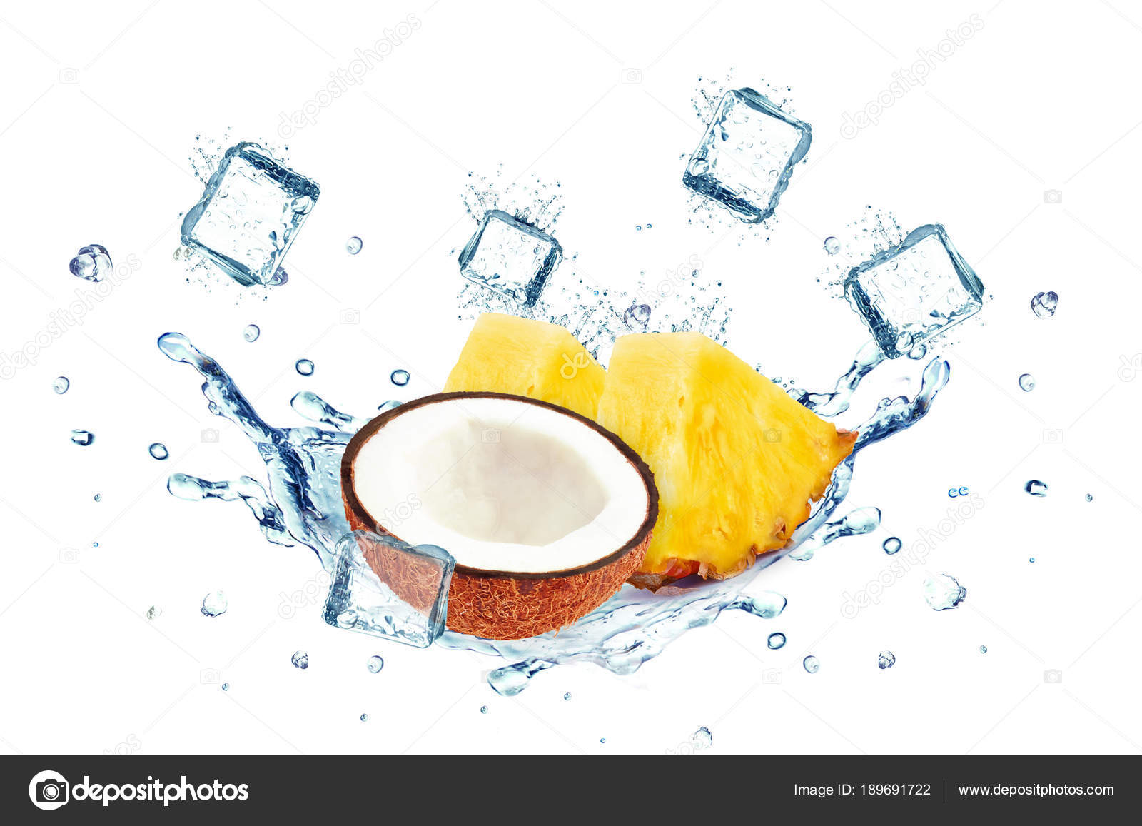 Coconut Pineapple Splashing Water Ice Cubes Isolated White — Stock