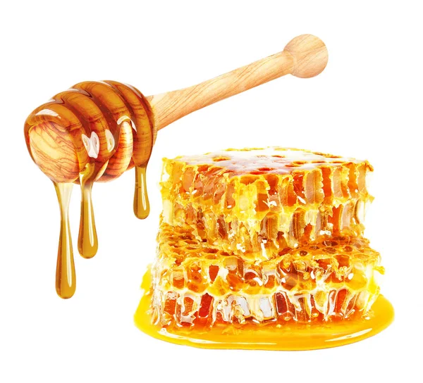 Dripping Honey Honeycomb Isolated White Background — Stock Photo, Image