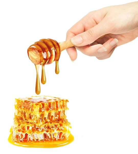 Tropfender Honig Und Waben Hand Isoliert Auf Weißem Hintergrund — Stockfoto