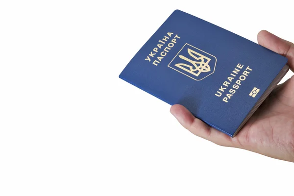 Mão segurando passaporte biométrico ucraniano isolado no fundo branco — Fotografia de Stock