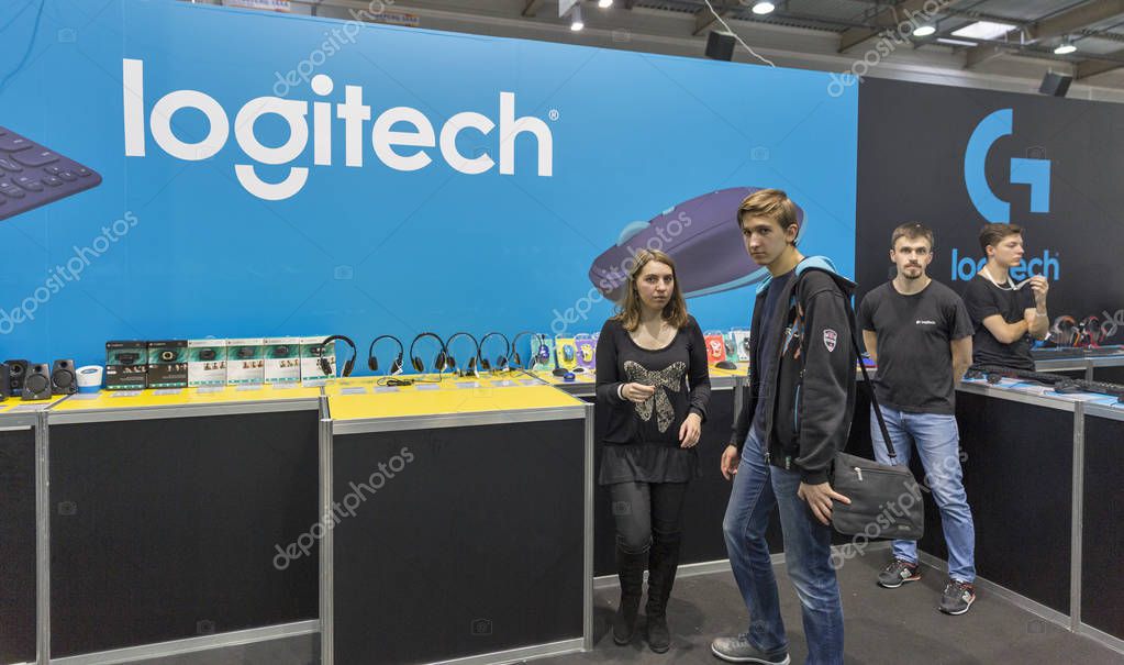 KIEV, UKRAINE - OCTOBER 09, 2016: People visit Logitech, Swiss global provider of computer and tablet accessories booth during CEE 2016, the largest electronics trade show of Ukraine in KyivExpoPlaza.