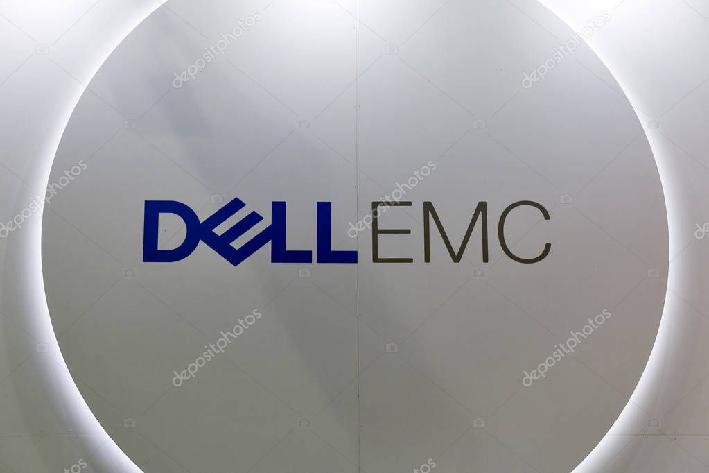 KIEV, UKRAINE - OCTOBER 09, 2016: Dell Emc, American data storage company logo illuminated closeup on booth during CEE 2016, the largest electronics trade show of Ukraine in KyivExpoPlaza EC.