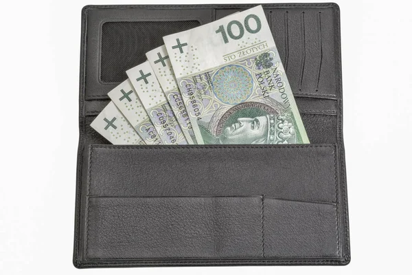波兰兹罗提法案在上白色孤立的黑色皮革钱包 — 图库照片