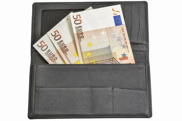 Billetes en euros en cartera de cuero negro aislado en blanco —  Fotos de Stock
