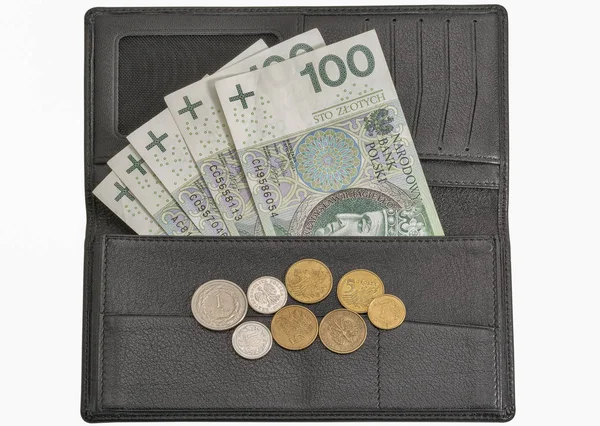 Polish zloty bills and coins in wallet isolated on white — Stock Photo, Image