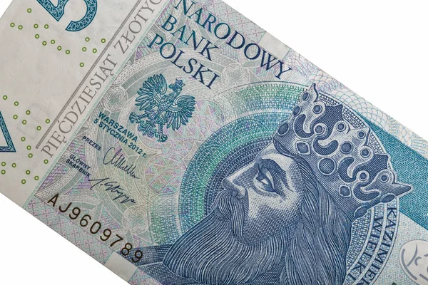 Polské peníze Billa padesát Zlotý makro izolovaných na bílém — Stock fotografie