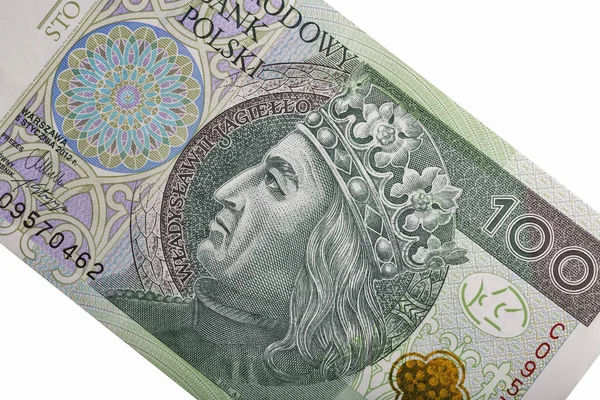 Polskie pieniądze bill sto złotych makro na białym tle — Zdjęcie stockowe