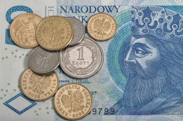 Polský zlotý bill a mince makro — Stock fotografie
