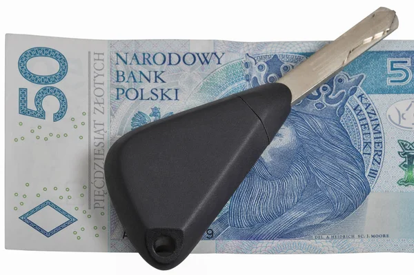 Autoschlüssel auf poliertem Zloty-Schein — Stockfoto