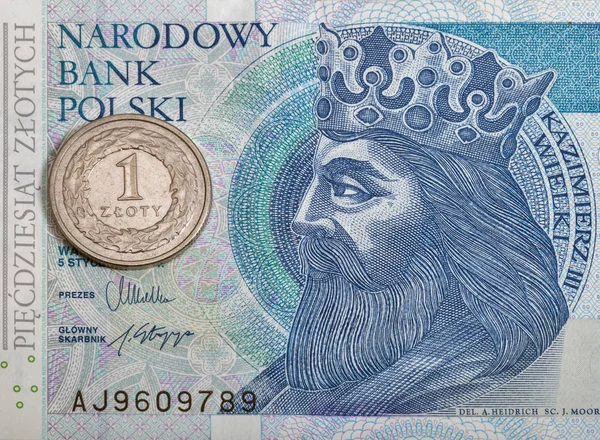 Polish fifty zloty bill and coin macro — Stock Photo, Image