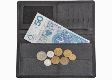 Polonya Zlotisi faturaları ve sikkeler üzerinde beyaz izole cüzdan